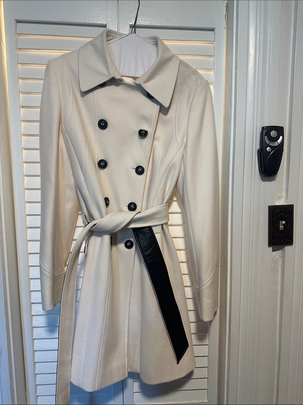 DKNY Cream Double-Breasted Pea Coat with Black Trim